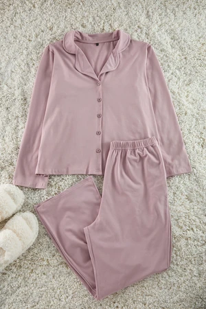 Trendyol Curve Dark Skin Color Shirt Collar Piping Knitted Pajama Set