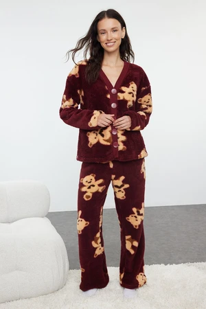 Trendyol Claret Red Teddy Bear Patterned Wellsoft Winter Knitted Pajamas Set