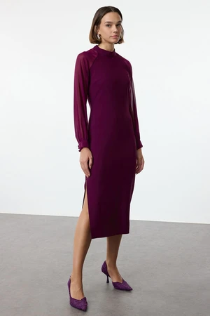 Trendyol Plum High Collar Sleeve Detailed Midi Woven Dress