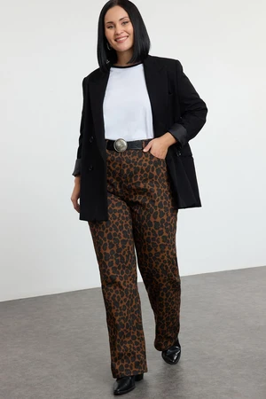 Trendyol Curve Brown High Waist Leopard Patterned Straight Fit Plus Size Jeans