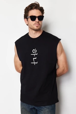 Trendyol Black Oversize/Wide Cut Far East Text Printed 100% Cotton T-Shirt/Athlete