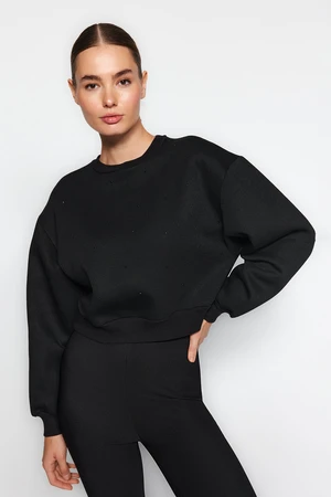 Trendyol Black Thick Fleece Inside Stone Detail Regular/Normal Fit Knitted Sweatshirt