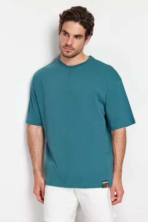 Trendyol Emerald Green Oversize Stitch Detail 100% Cotton T-Shirt