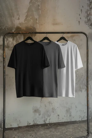 Trendyol Black-Anthracite-Ecru Oversize/Wide Cut 3-Pack 100% T-Shirt