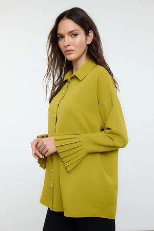 Trendyol Oil Green Thin Belted Ruffle Woven Shirt