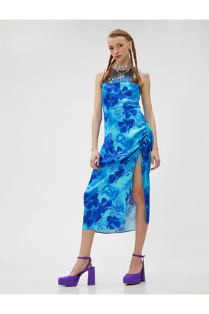 Koton Floral Slit Midi Dress with Cross Back Thin Straps Straight Collar