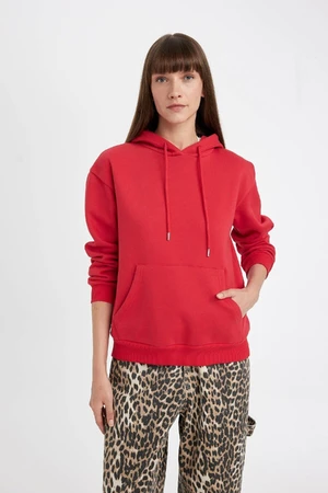 DEFACTO Relax Fit Hooded Kangaroo Pocket Thick Basic Plain Red Sweatshirt