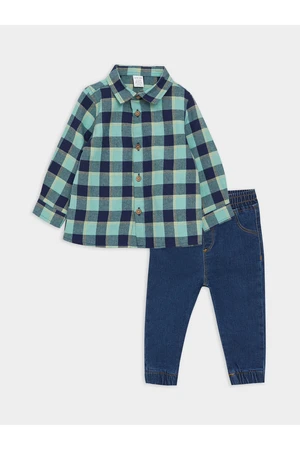 LC Waikiki Long Sleeve Plaid Patterned Baby Boy Shirt and Jeans 2-Piece Set