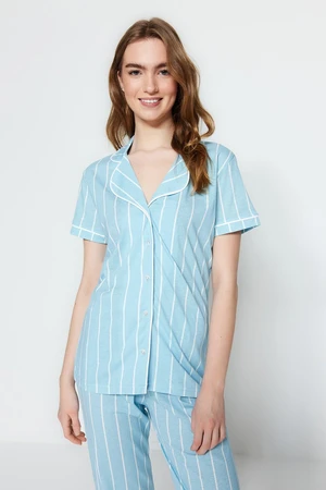 Trendyol Light Blue Striped Piping Detailed Sleep Band Knitted Pajama Set