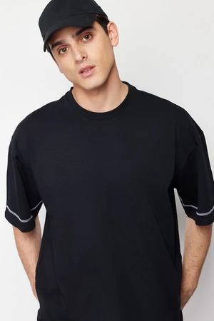 Trendyol Black Oversize Sleeves Stitch Detail 100% Cotton T-Shirt