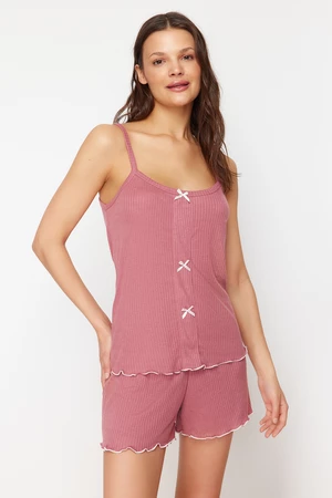 Trendyol Corded Knitted Pajama Set with Dusty Rose Ribbon/Bow Detail and Rope Strap