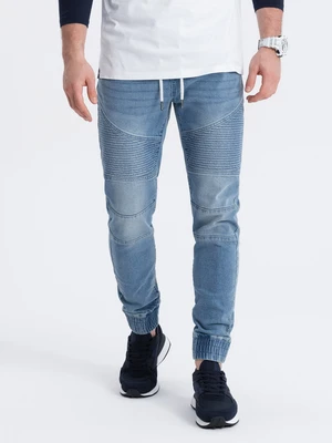 Ombre Men's denim jogger pants with stitching - blue