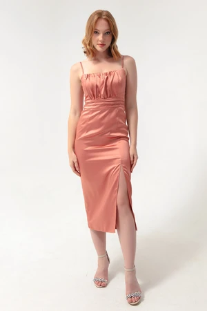 Lafaba Women's Salmon Evening Dress with Slim Straps and a Slit Midi Satin.