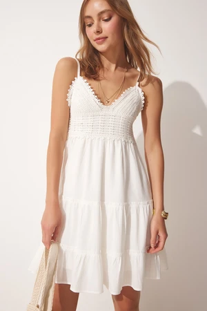 Happiness İstanbul Women's White Straps Lace-Up Knitted Dress