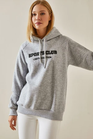 XHAN Gray Text Detail Raised Hoodie Sweatshirt