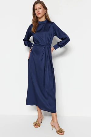 Trendyol Navy Blue Waist Gathered Satin Evening Dress