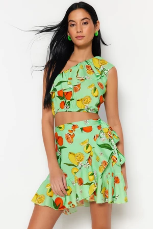 Trendyol Fruit Patterned Woven Ruffle One-Shoulder Blouse and Skirt Set