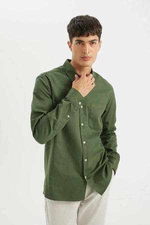 DEFACTO Men's Green Regular Fit Regular Cut Gabardine Cotton Long Sleeve Shirt