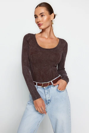 Trendyol Brown Aged/Faded Effect Cotton Long Sleeve Elastic Snaps Knitted Body