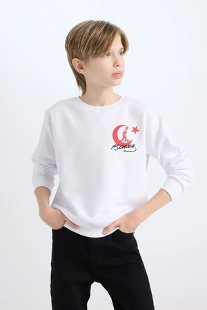 DEFACTO Boy White Crew Neck Atatürk Printed Embroidered Sweatshirt