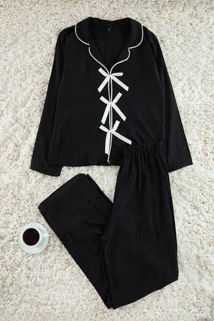 Trendyol Black Ribbon/Bow and Piping Detailed Viscose Woven Pajama Set