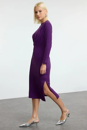 Trendyol Purple 100% Cotton Tie Detailed Body-Fitting Midi Knit Dress