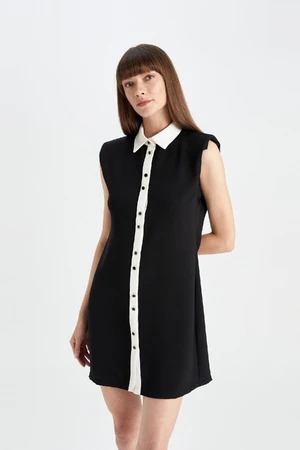 DEFACTO Shirt Collar Basic Plain Button Closure Woven Sleeveless Mini Black Dress