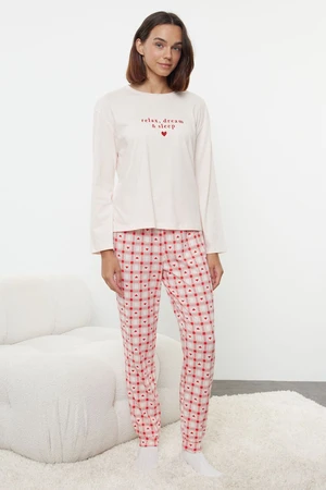 Trendyol Powder 100% Cotton Slogan Embroidered Heart Plaid Knitted Pajama Set