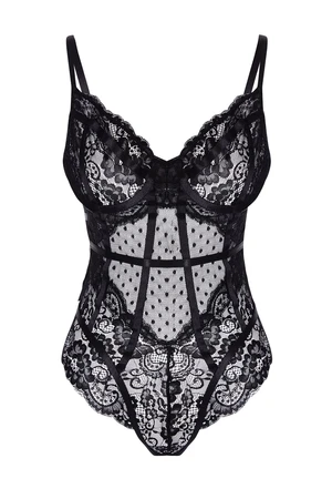 Trendyol Black Lace Rope Strap Snap Knitted Bodysuit