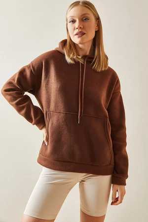 XHAN Brown Kangaroo Pocket & Hooded Fleece Sweatshirt