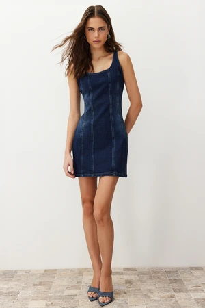 Trendyol Blue Stitch Detail Fitted Mini Denim Dress