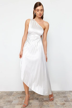 Trendyol Ecru Asymmetrical Pleat Detailed Knitted Satin Elegant Evening Dress