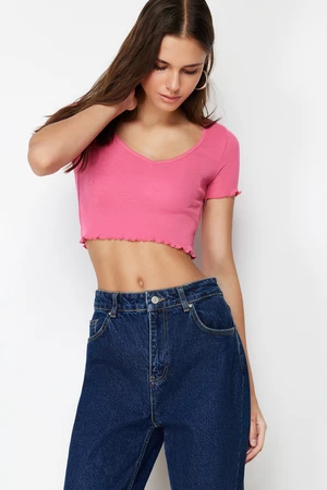 Trendyol Pink Pool Neck Baby Overlock Detail Crop Ribbed Elastic Knitted Blouse