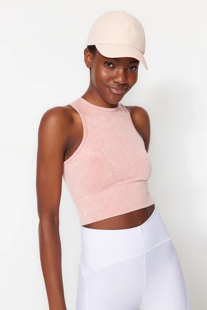 Trendyol Pale Pink Seamless/Seamless Crop Acid Wash Halter Neck Knitted Sports Top/Blouse