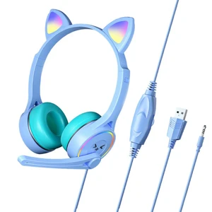 Cat Ear Headphones Led Rgb Led Strip Light Music Sound Control Gamer Headphones Wire 7.1 Surround Over Head Headset With Mic