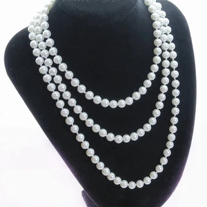 2X Faux Pearl Long Sweater Chain Necklace White