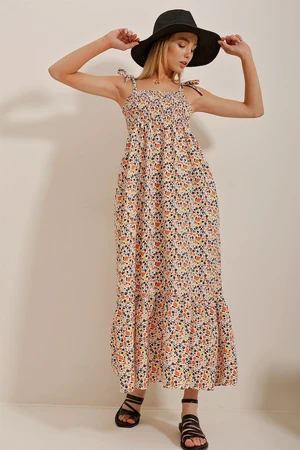 Trend Alaçatı Stili Women's Beige-Orange Floral Patterned Poplin Dress with Rope Straps, Gippes and Flounces at the Hem