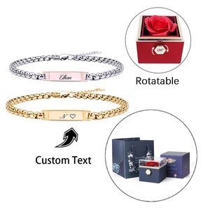 PERSONALIZED ENGRAVED BRACELET SET Rotating Box Stainless Steel Couple Name Bracelet Custom Engraved Name Bracelet for Her/Him