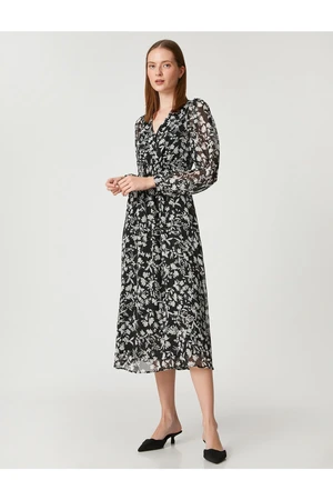 Koton Floral Chiffon Long Sleeve Midi Length Dress