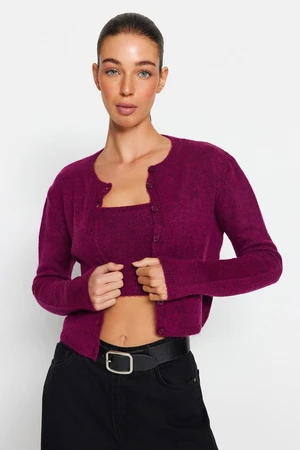 Trendyol Purple Crop Soft Textured Button Detailed Blouse Cardigan Knitwear Suit