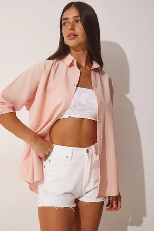 Happiness İstanbul Women's Light Pink Oversized Basic Poplin Shirt