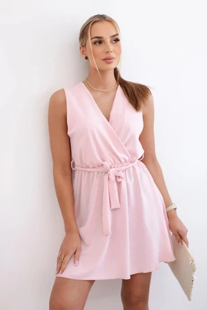 Women's flared dress with a tie at the waist - powder pink