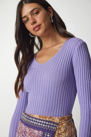 Happiness İstanbul Women's Lilac V-Neck Basic Ribbed Basic Blouse