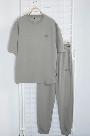 Trendyol Gray Oversize/Wide Cut Printed T-Shirt Tracksuit Bottom-Top Set