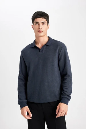 DEFACTO Navy Blue Regular Fit Polo Neck Jacquard Knitwear Sweatshirt