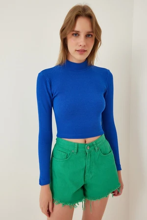 Happiness İstanbul Women's Vivid Blue Ribbed Turtleneck Crop Knitted Blouse