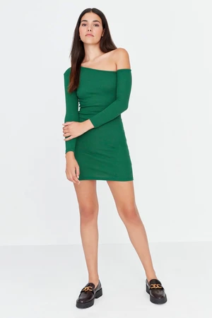 Trendyol Emerald Green Fitted Asymmetric Neck Open Shoulder Mini Ribbed Stretch Knit Dress