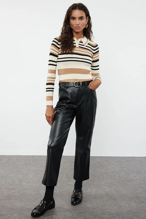 Trendyol Stone Crop Polo Neck Striped Knitwear Sweater