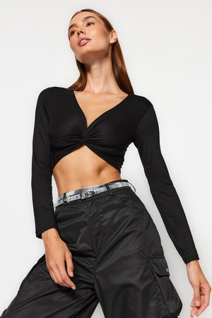 Trendyol Black Knot Detailed Fitted V-Neck Crop Stretchy Knitted Blouse