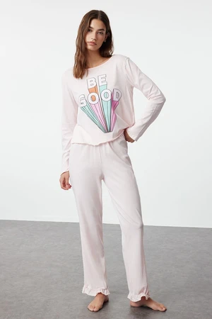 Trendyol Powder 100% Cotton Slogan Printed Ruffle Knitted Pajama Set